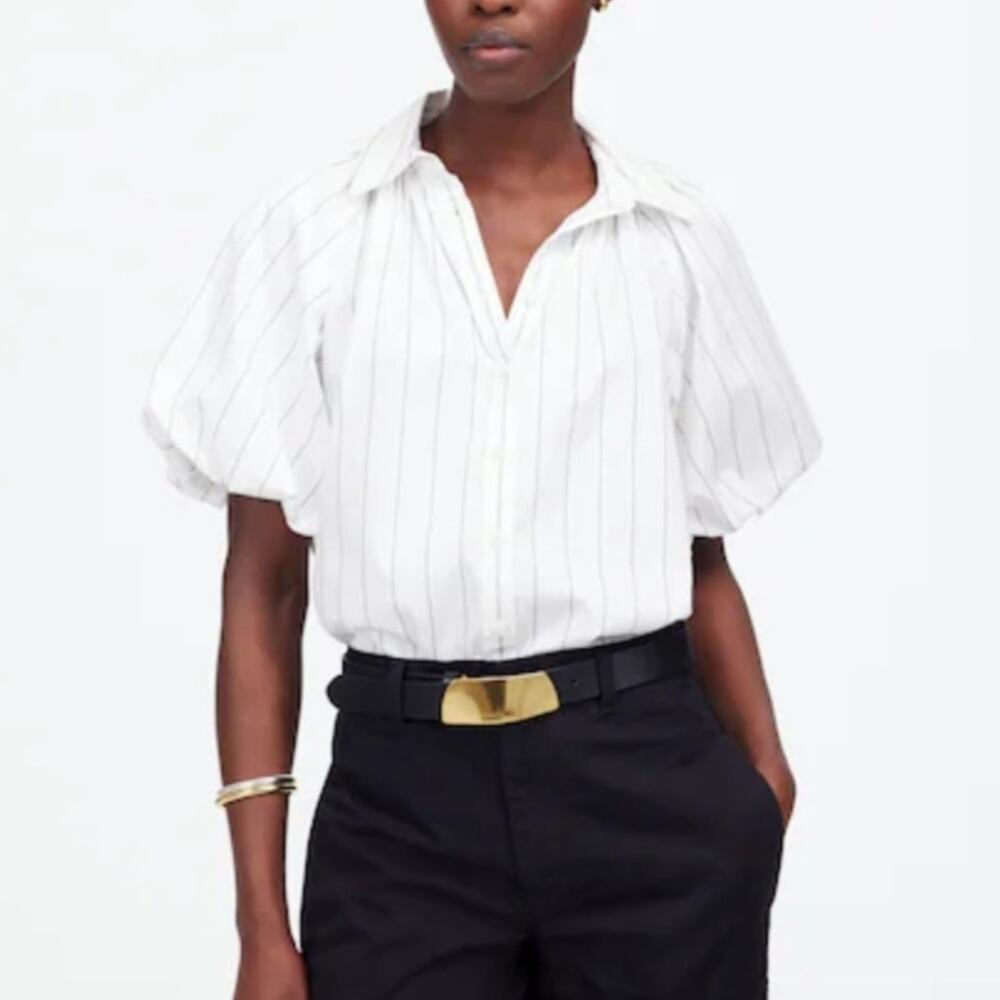 Madewell White Pinstripe Button-Down Puff Sleeve Shirt